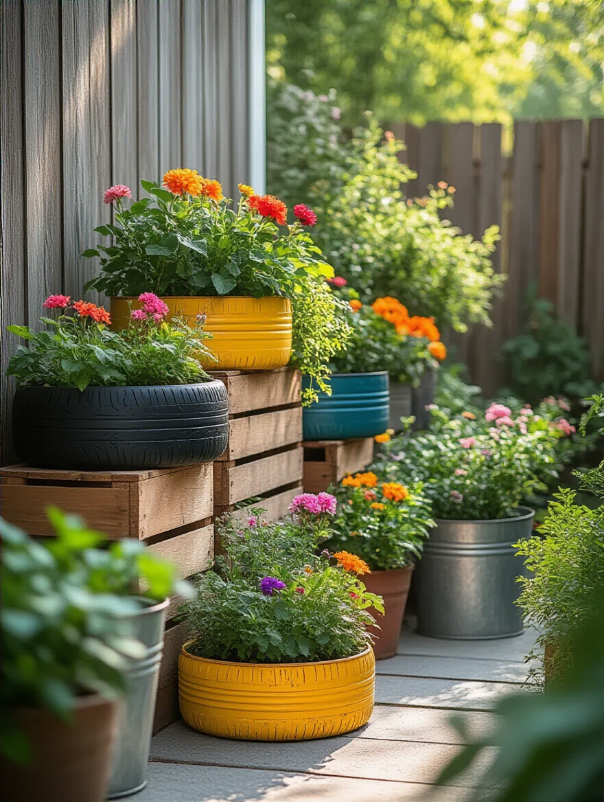 Vibrant container garden made from repurposed items like painted tires and wooden crates on a sunny backyard patio