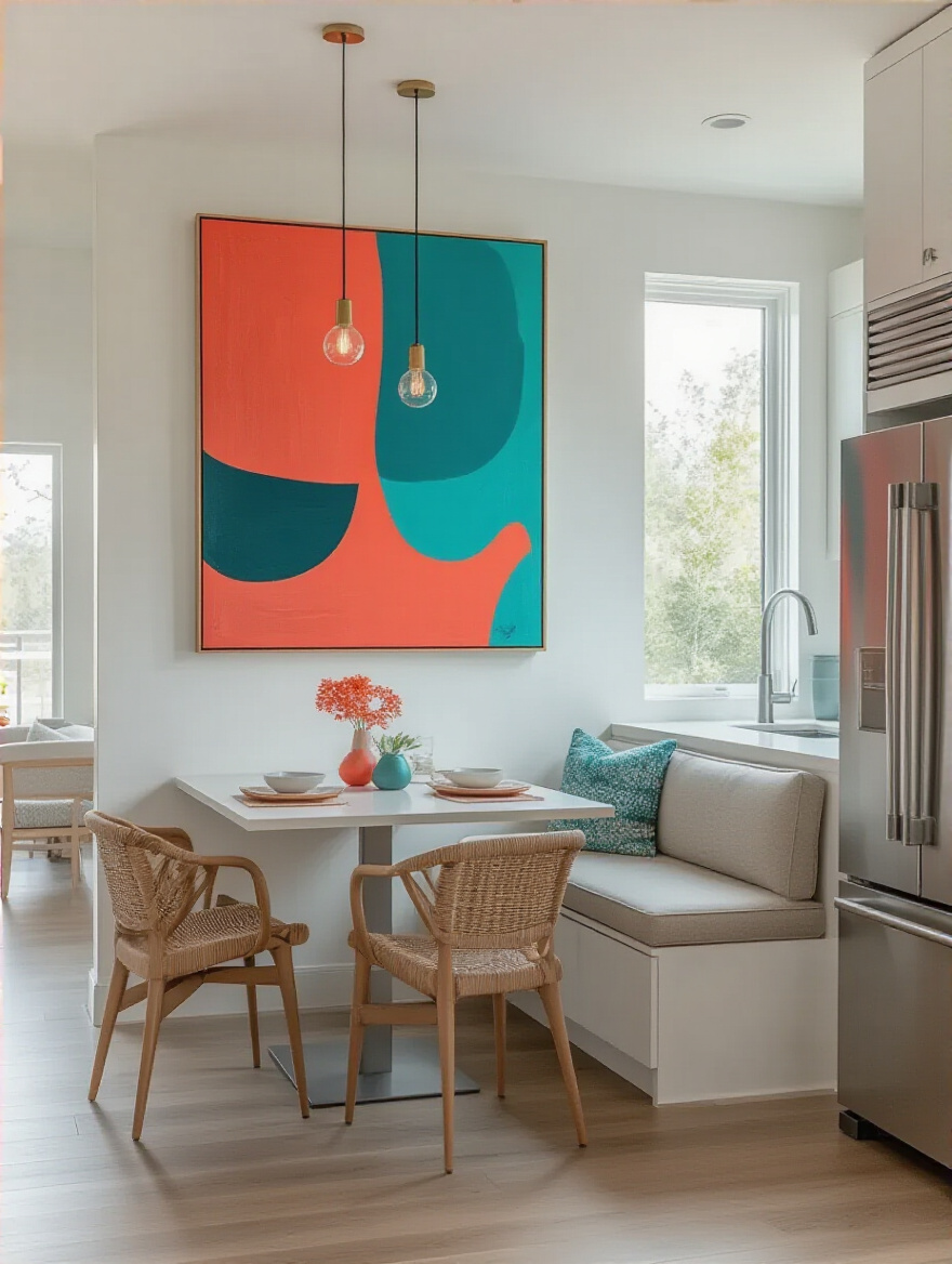 Modern kitchen with a large vibrant abstract artwork above dining nook, showcasing personality and color in a sleek design
