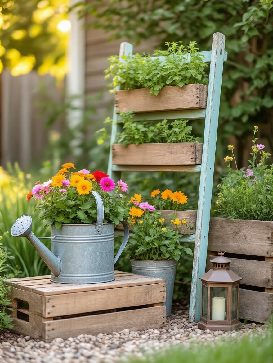 Unique outdoor decor made from thrift store finds including a vintage watering can planter and painted wooden ladder in a cozy backyard setting