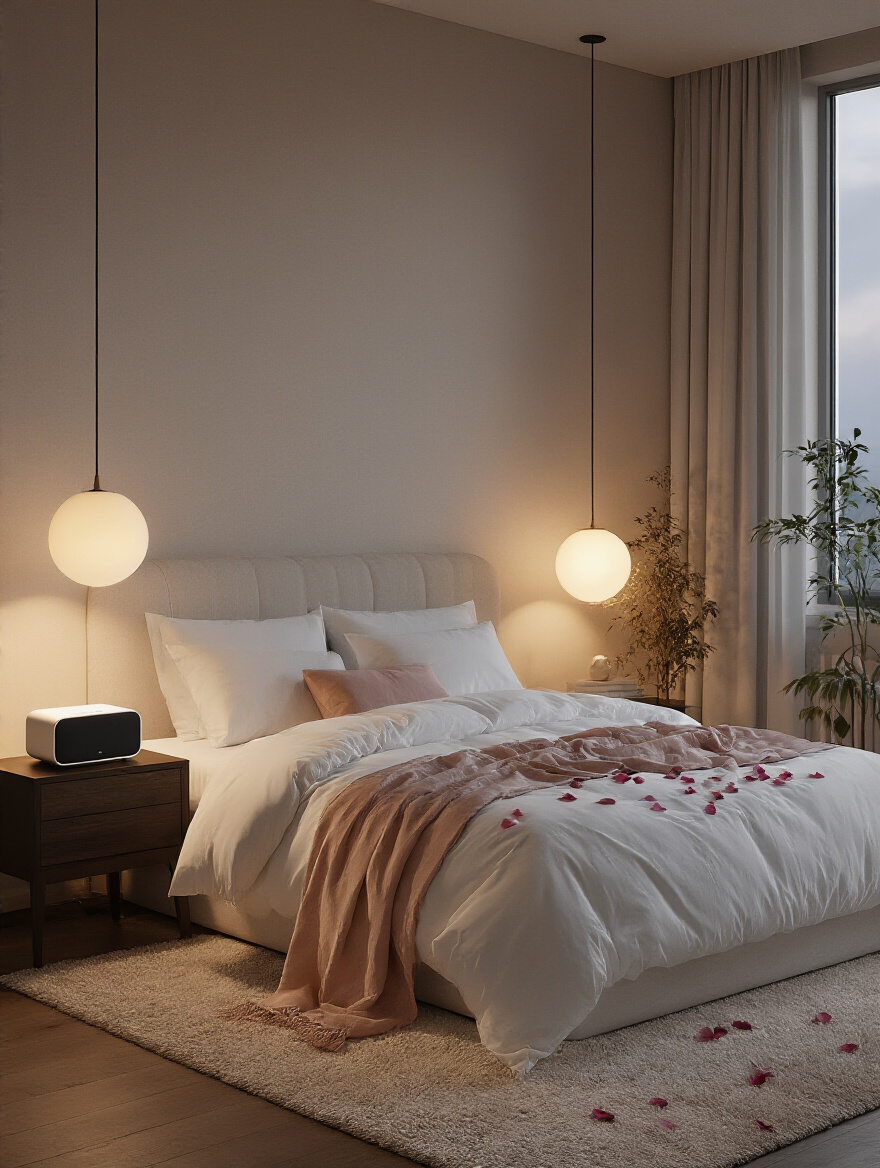 Romantic bedroom scene with soft lighting and a discreet speaker on a nightstand, illustrating a gentle soundscape.