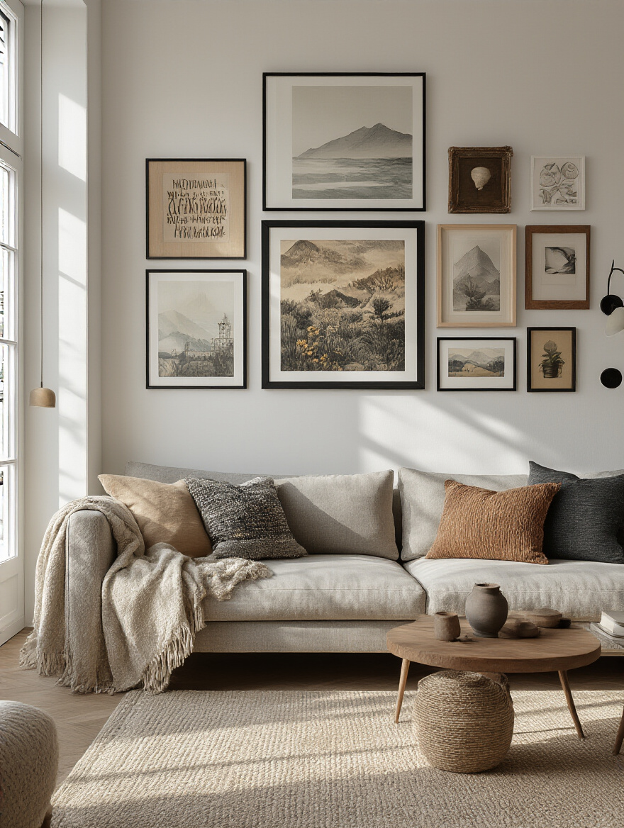 Curated gallery wall in apartment living room with mixed frames and personal artworks, styled with cozy sofa beneath