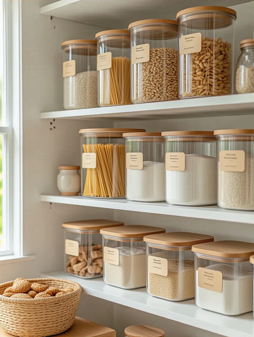 Open pantry with neatly arranged clear airtight containers with bamboo lids and blank labels on white shelves