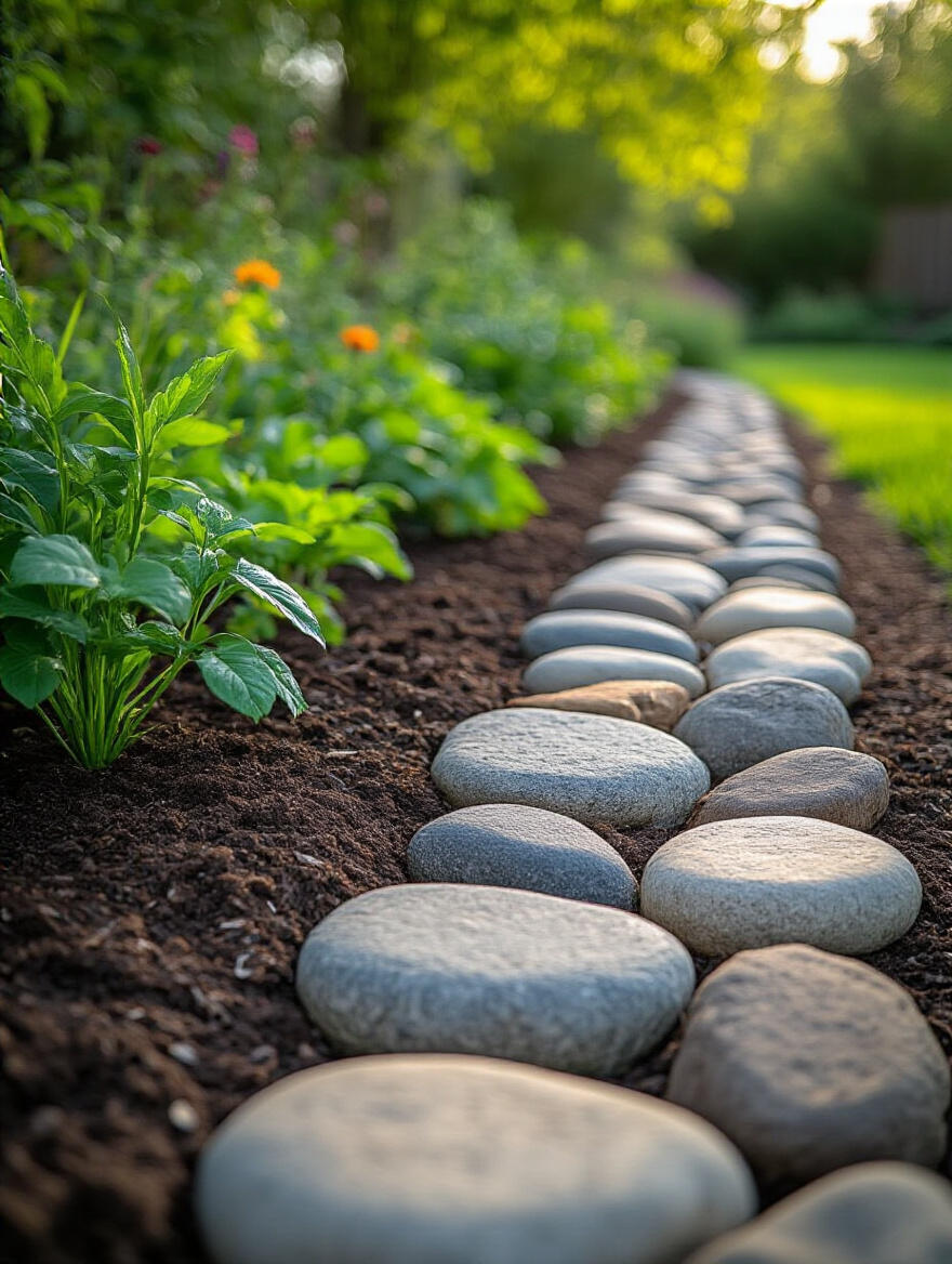 Close-up portrait photo of garden bed edged naturally with found rocks and logs under soft morning light, showcasing eco-friendly backyard edging without people