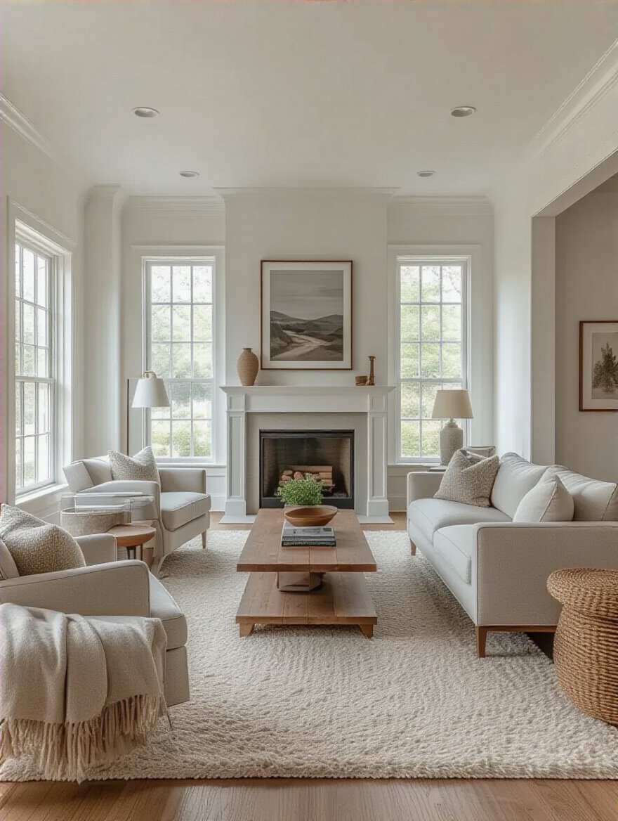 Modern living room with furniture arranged for optimal flow and clear primary function, well-lit and spacious with no people