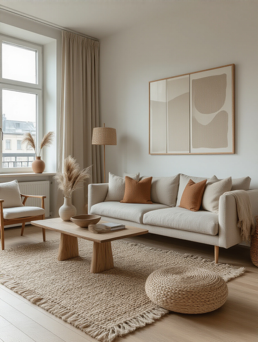 Cohesive apartment living room with defined decor style, neutral colors, and natural lighting