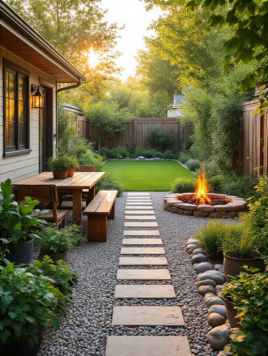 Small backyard with distinct affordable zones including dining nook, fire pit area, and play space, captured in warm natural light