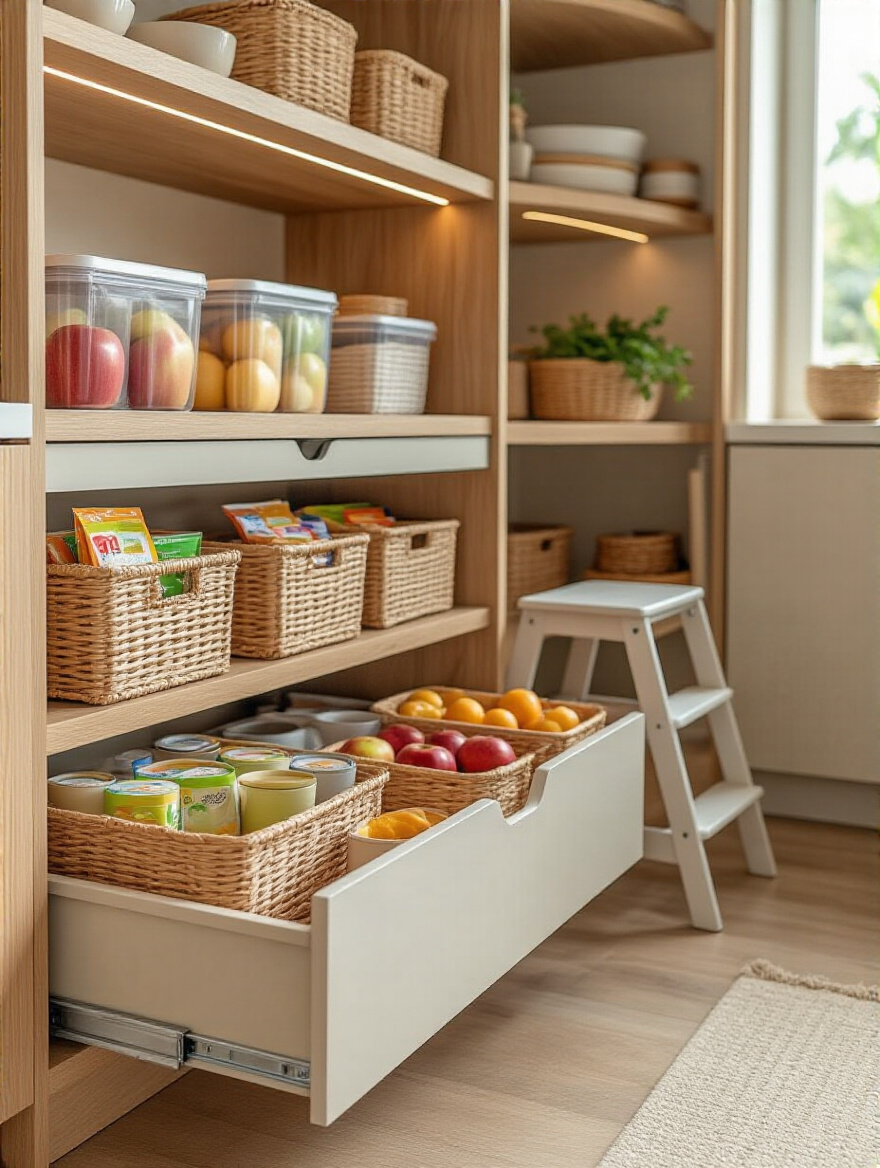 Lower-level pantry pull-out drawer with clear containers and picture-labeled bins for kids' snacks