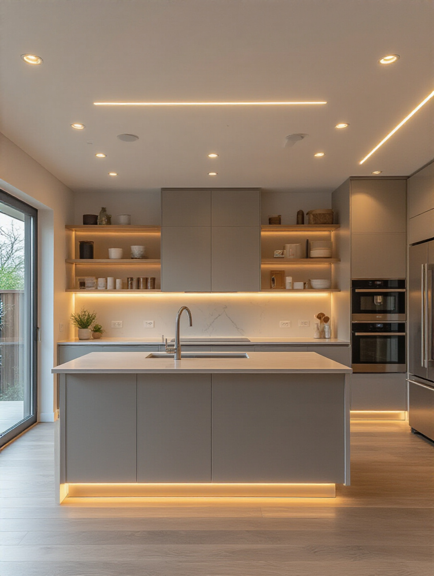 Modern kitchen interior with layered ambient, task, and accent lighting showcasing warm and cool tones for ambiance and efficiency
