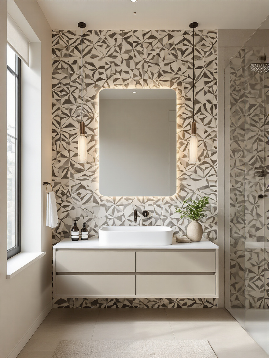 Modern bathroom with a striking accent wall featuring bold geometric wallpaper behind a floating vanity