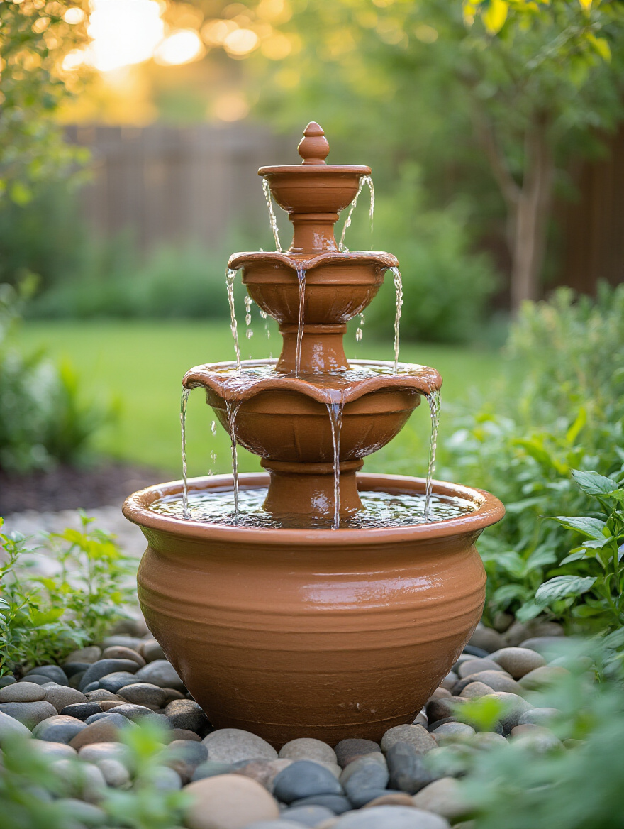 Portrait image of a tiered DIY water feature made from stacked old terracotta pots in a backyard garden setting with flowing water and surrounding greenery.