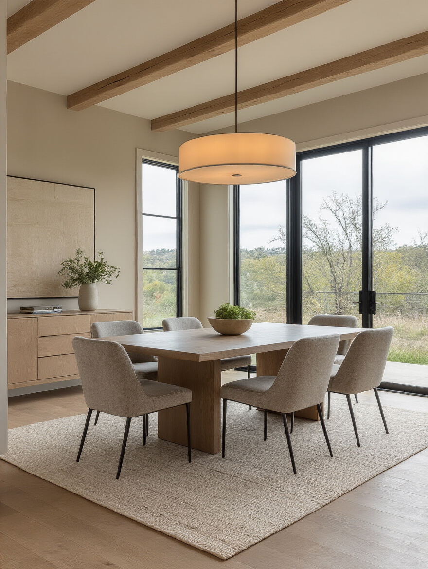 Contemporary dining room designed for flow and guest comfort with an extendable table and flexible seating