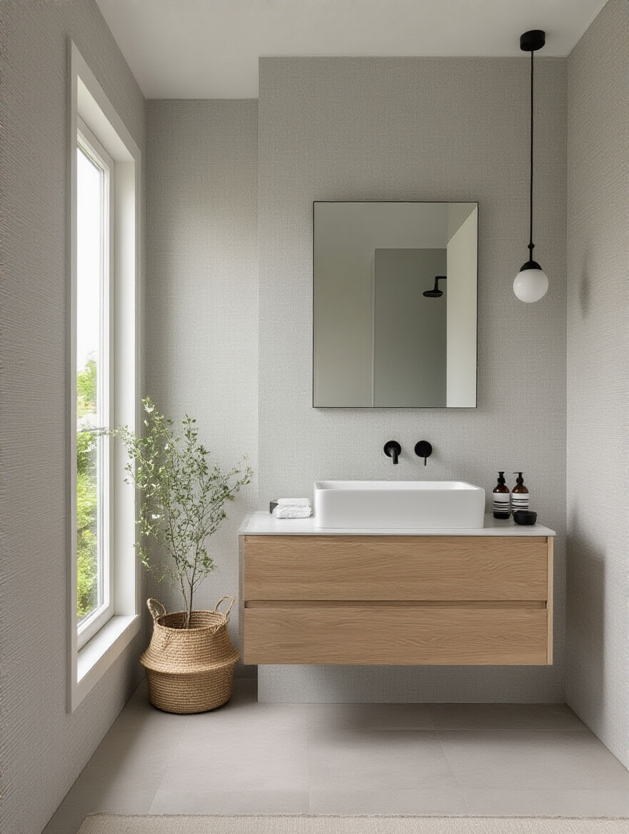 Modern bathroom interior with minimalist textured wallpaper, floating wood vanity, and black fixtures in natural light