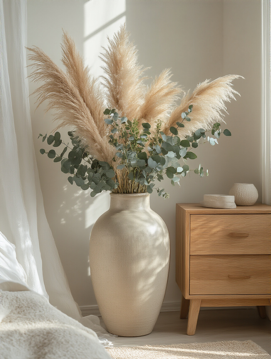 Vertical still-life of a pampas grass arrangement in a stylish vase in a boho bedroom corner