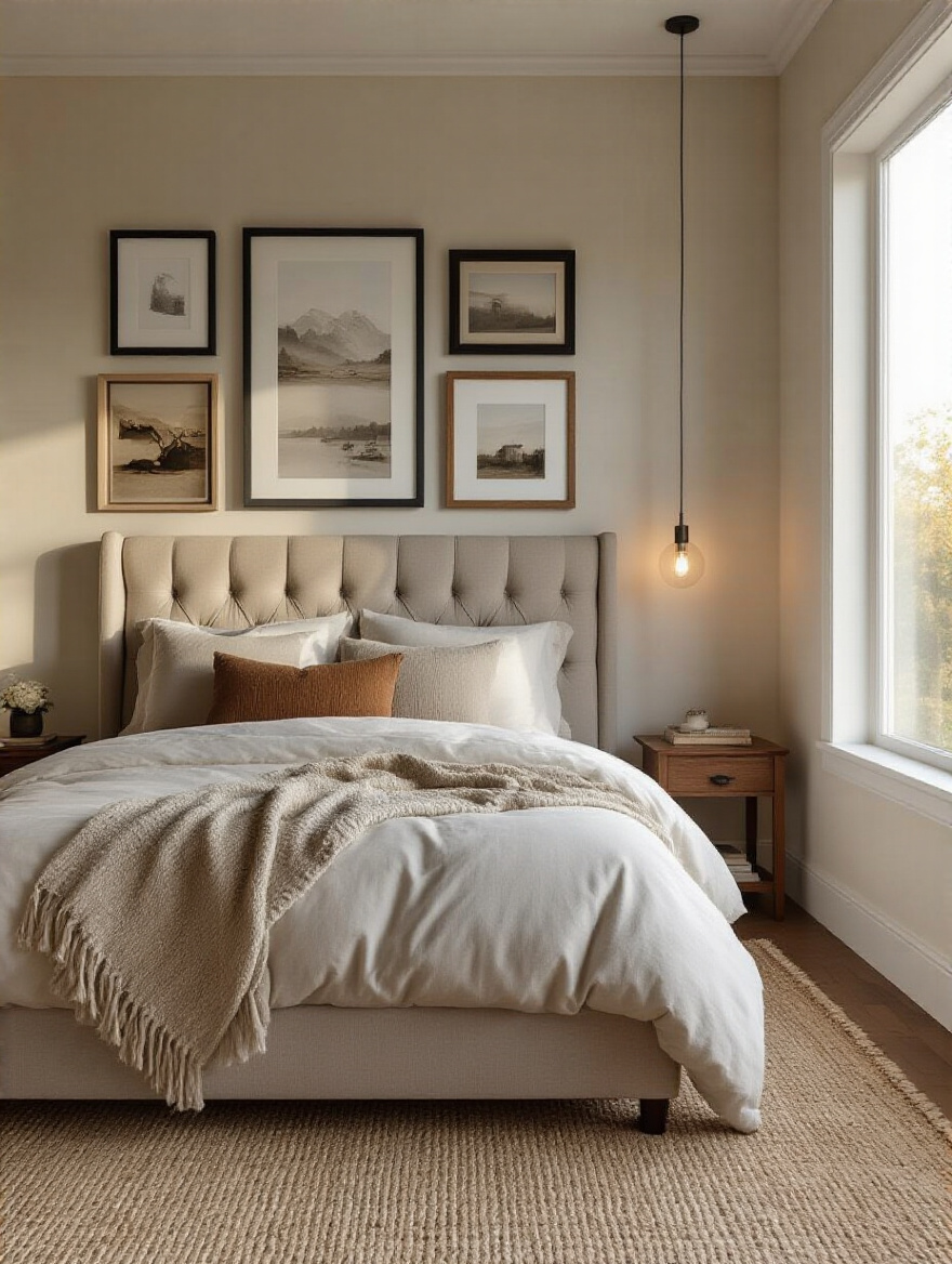 Romantic bedroom with memory-driven gallery wall of framed photos and art, warm lighting
