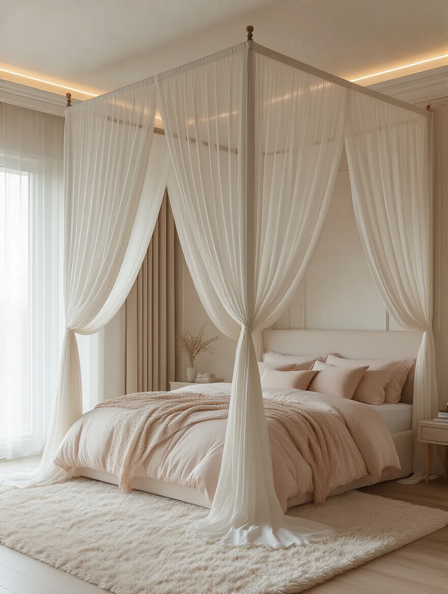 Portrait of a romantic bedroom with a canopy of sheer ivory fabric over a bed, soft blush bedding, and warm diffused lighting.