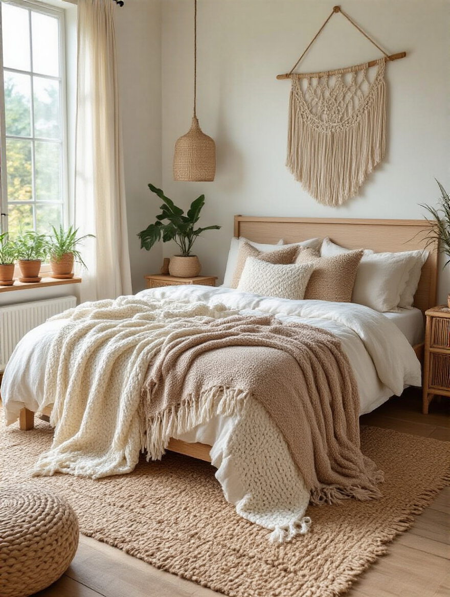 Boho bedroom with layered throw blankets draped over the bed
