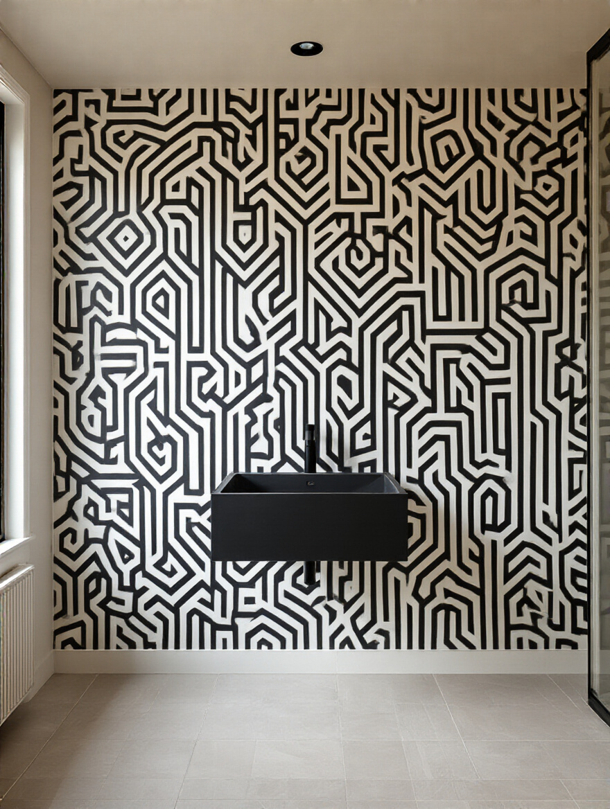 Modern bathroom with bold black and white geometric patterned wallpaper accent wall, matte black sink, and minimalist decor
