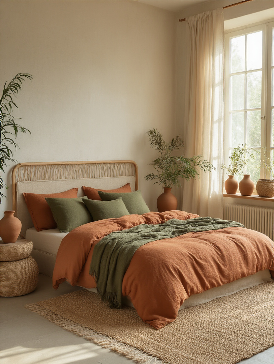 Vertical boho bedroom portrait in warm earthy tones with terracotta, olive green, sandy beige, and ochre textures, plants, and natural materials.