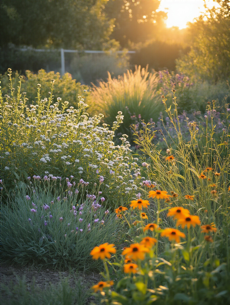 Portrait photo of a backyard garden featuring native drought-tolerant plants in a low-maintenance landscape with morning sunlight