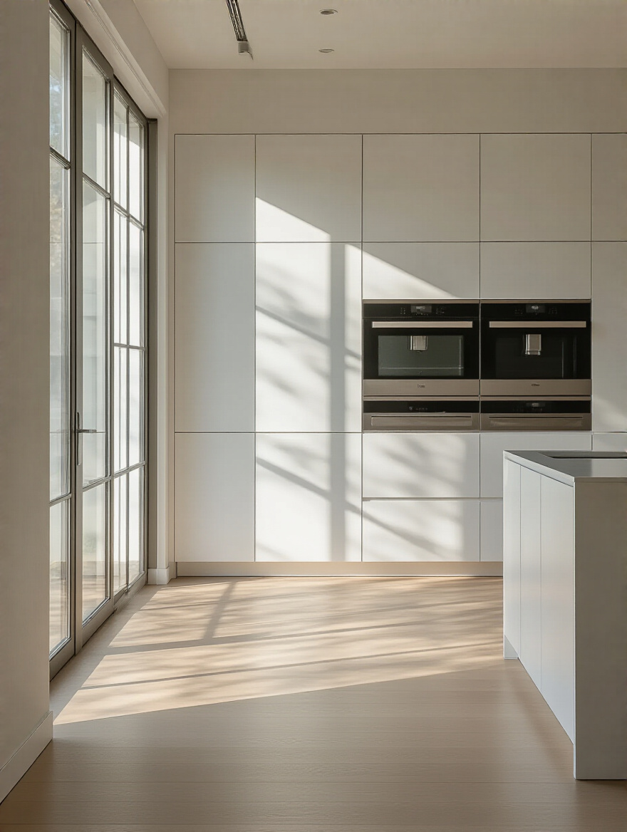 Modern minimalist kitchen with clutter-free white countertops and integrated appliances under natural light