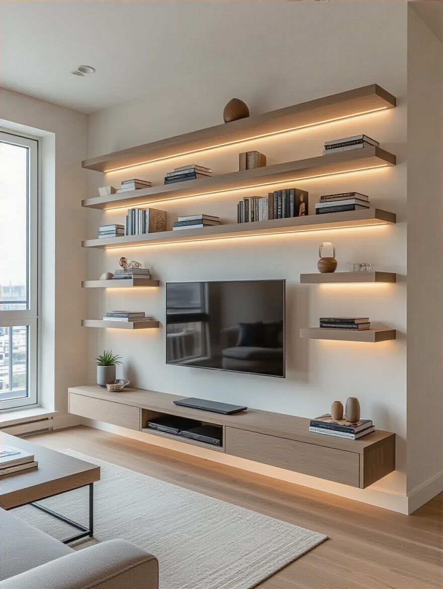 Modern apartment living room with wall-mounted shelves and media console creating open floor space