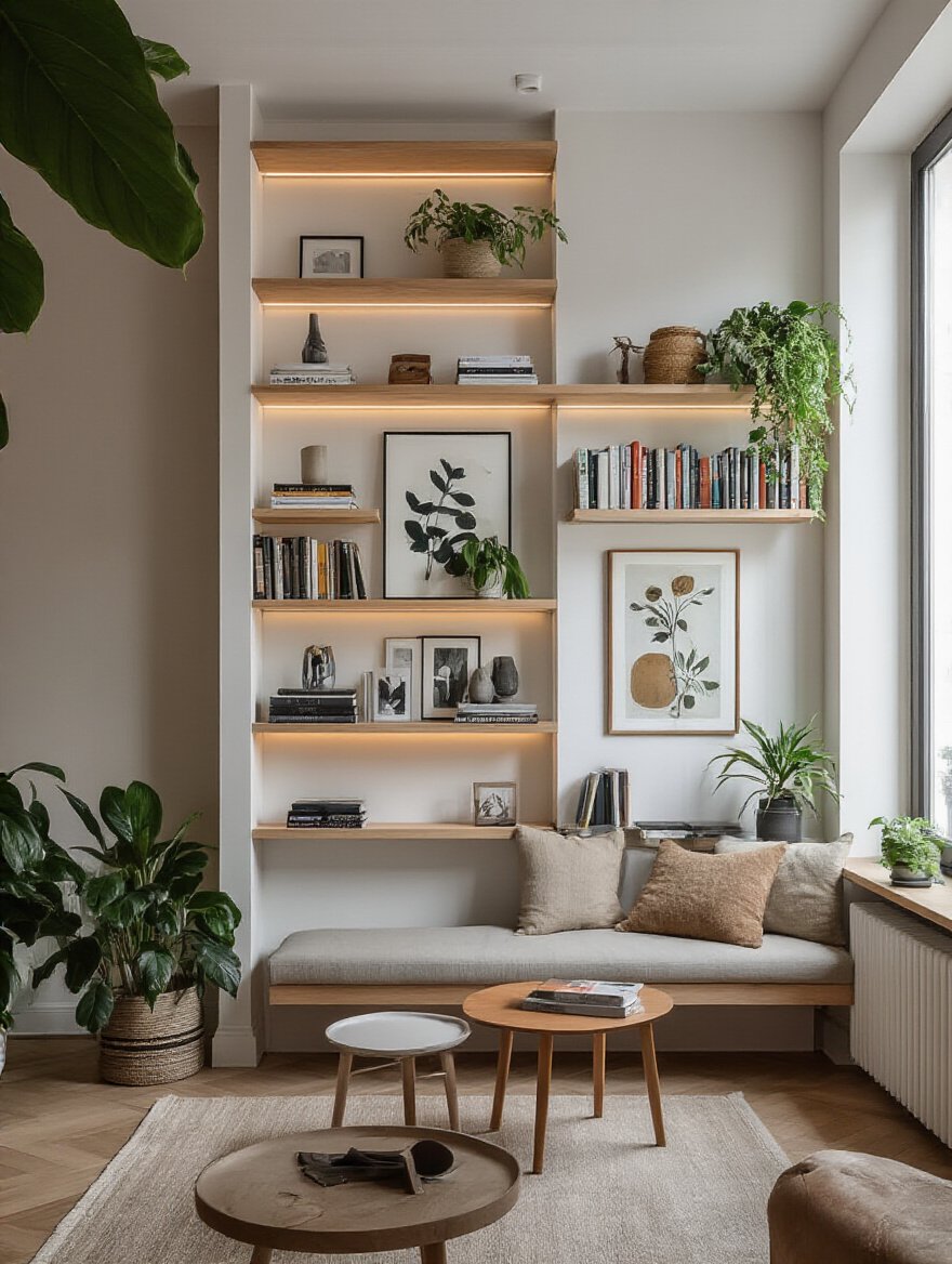 Modern living room featuring vertical shelving and wall art to maximize space with natural light