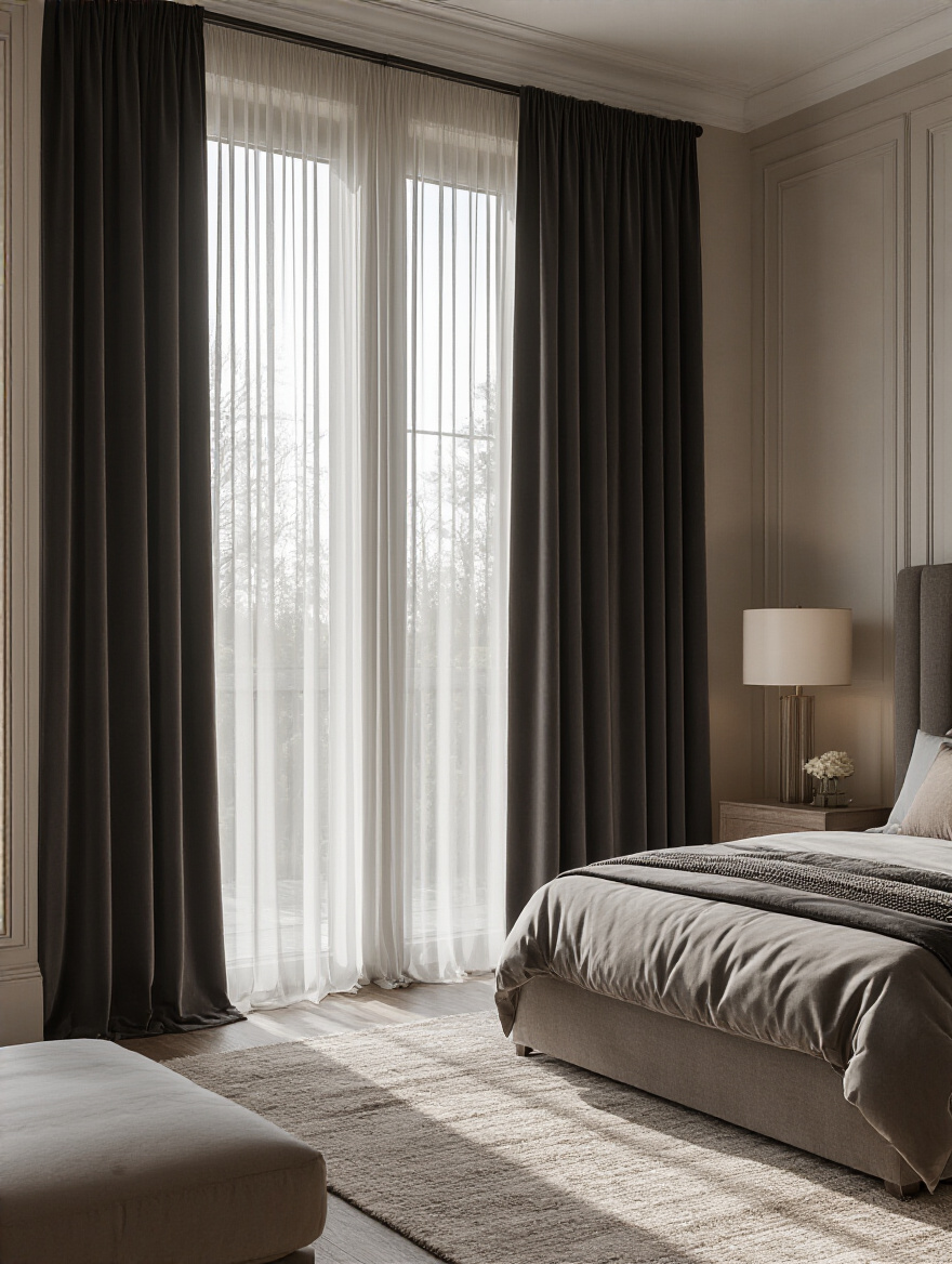 Luxurious bedroom with heavy blackout curtains, soft lighting, and acoustic wall textures