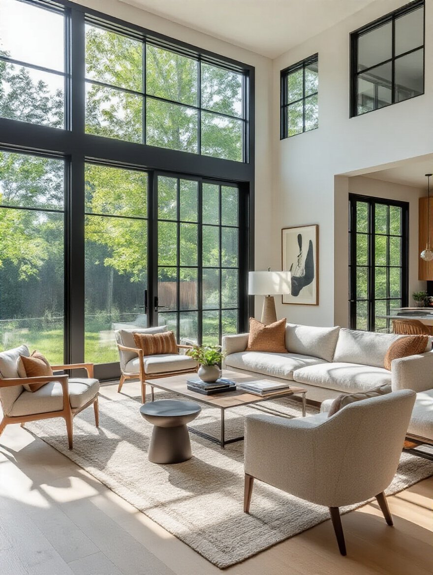 Modern living room with clear walkways showing 18-30 inches of clearance between furniture pieces