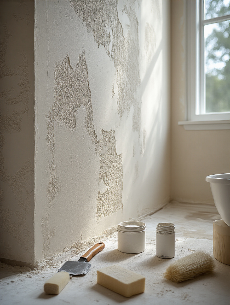Close-up of a modern bathroom wall expertly prepped with primer and spackling for bubble-free wallpaper application