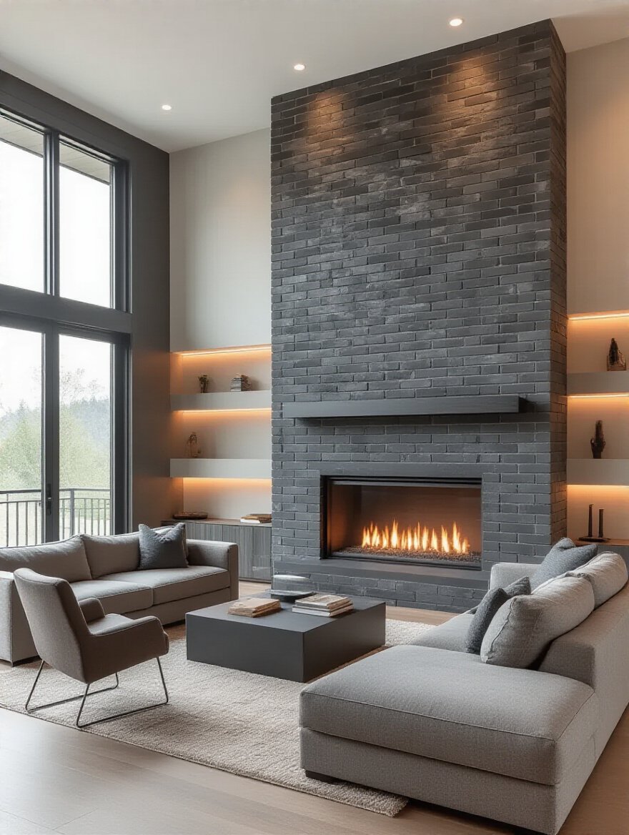 Modern living room with charcoal grey brick fireplace as clear focal point and U-shaped seating arrangement