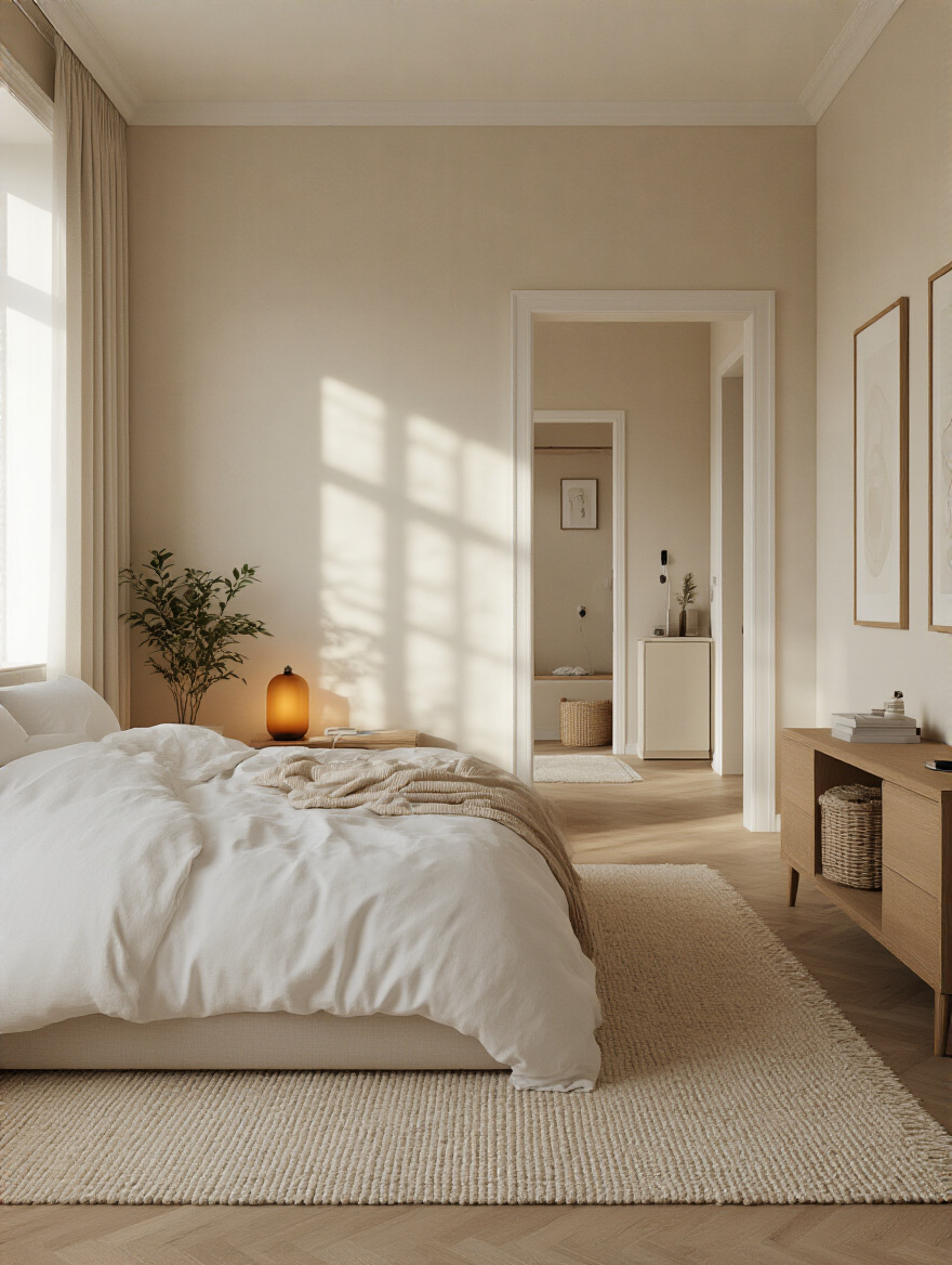 Vertical portrait of a serene tech-free bedroom with a centered bed and doorway to a charging-station area outside