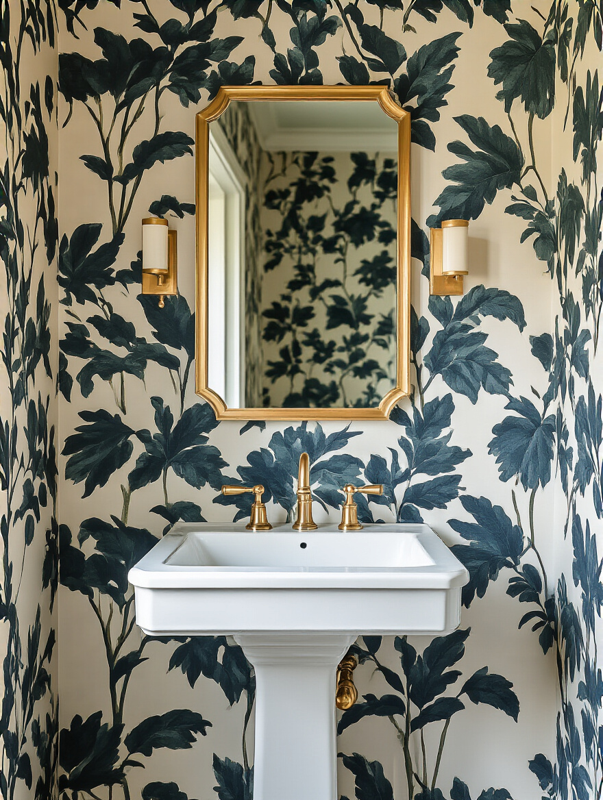 Modern bathroom with deep-hued botanical wallpaper, white pedestal sink, and gold-framed mirror creating a sophisticated look