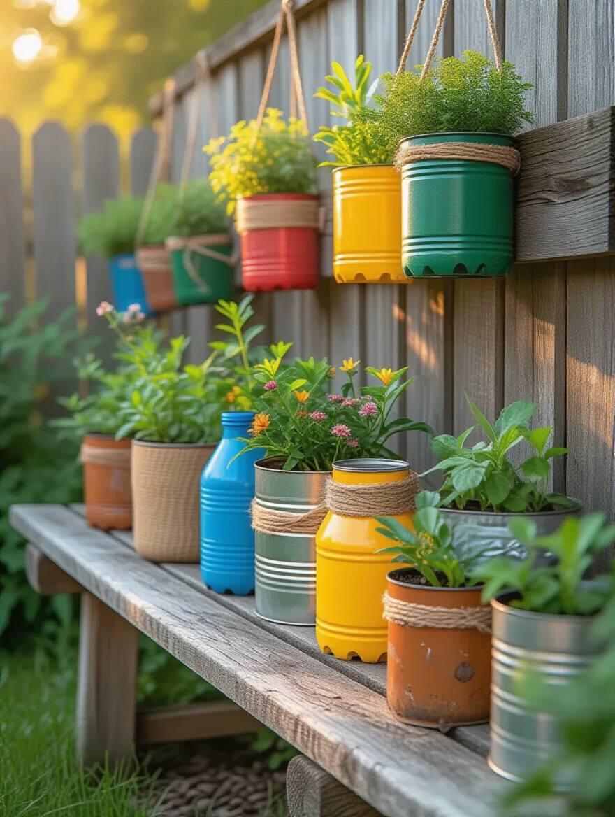 Creative backyard portrait featuring colorful unique planters made from recycled household waste containers with thriving plants, natural lighting highlighting details