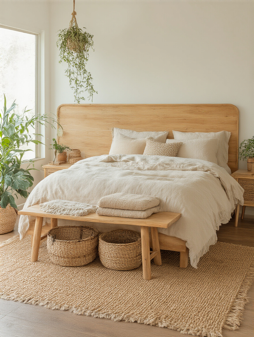 Boho bedroom scene highlighting natural wood accents, warm wood tones, and textiles
