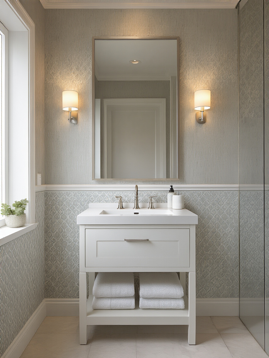 Vertical bathroom scene showing a wallpapered half wall with a crisp transition line and vanity.