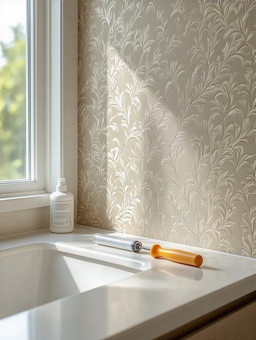 Portrait-style image of a bathroom half-wall showing a small seam bubble being repaired with a seam roller and clear adhesive syringe on a clean vanity.