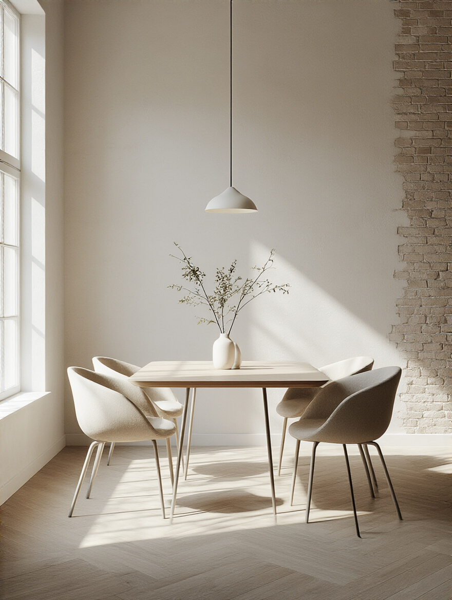 Portrait-style dining room scene showing minimalist table, eclectic textiles, and industrial accents to define a contemporary aesthetic.
