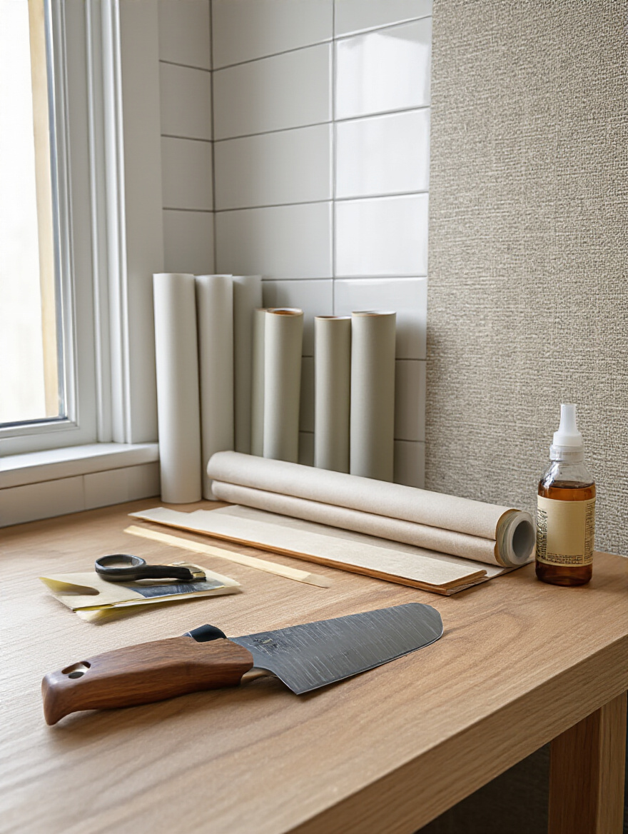 Organized bathroom wallpaper tools on a workbench ready for installation