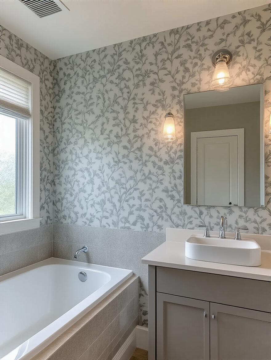 Portrait view of a modern bathroom half-wall wallpaper with a ventilation setup for moisture control