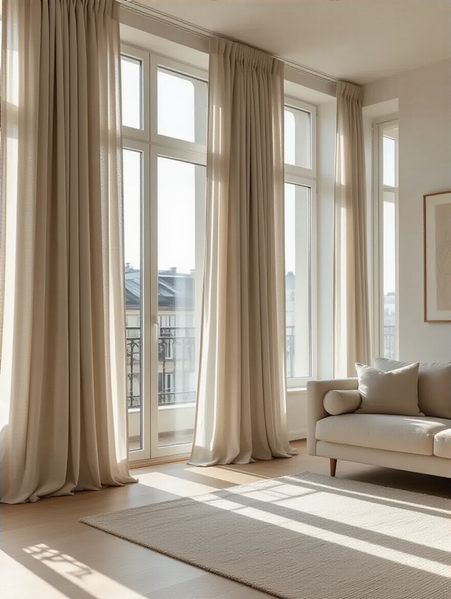 Apartment living room with curtains hung high and wide above large windows, showcasing elevated ceilings and enhanced natural light