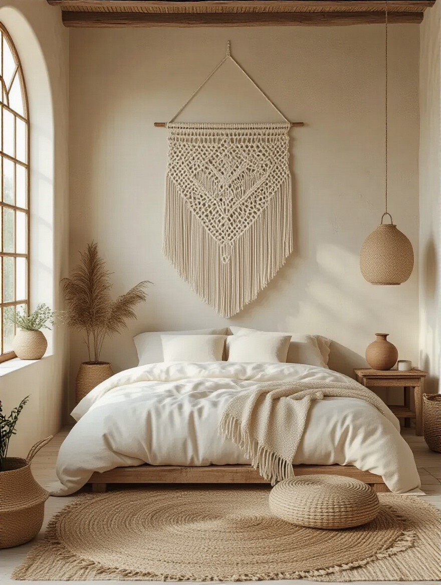 Vertical boho bedroom with a large macrame wall hanging above a bed, warm lighting, natural textures.