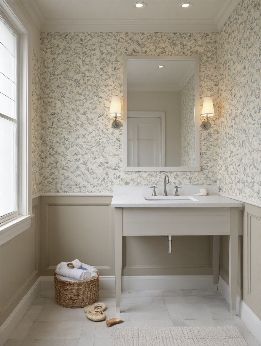 Vertical bathroom shot showing lower wallpaper and harmonized upper wall paint