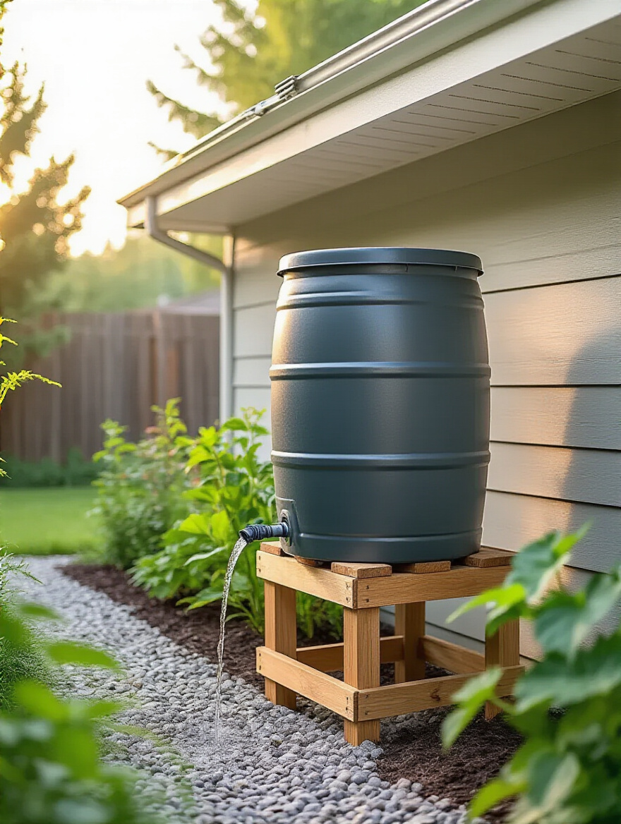 Simple DIY rain barrel system under a downspout with garden hose spigot and mesh screen in a backyard garden