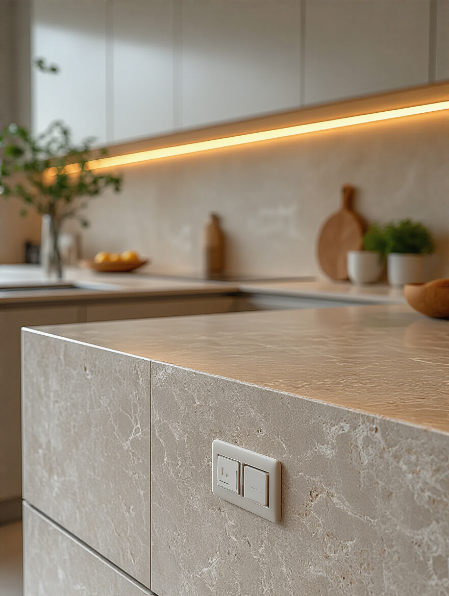 Minimalist modern kitchen island with integrated pop-up outlets and uninterrupted surfaces