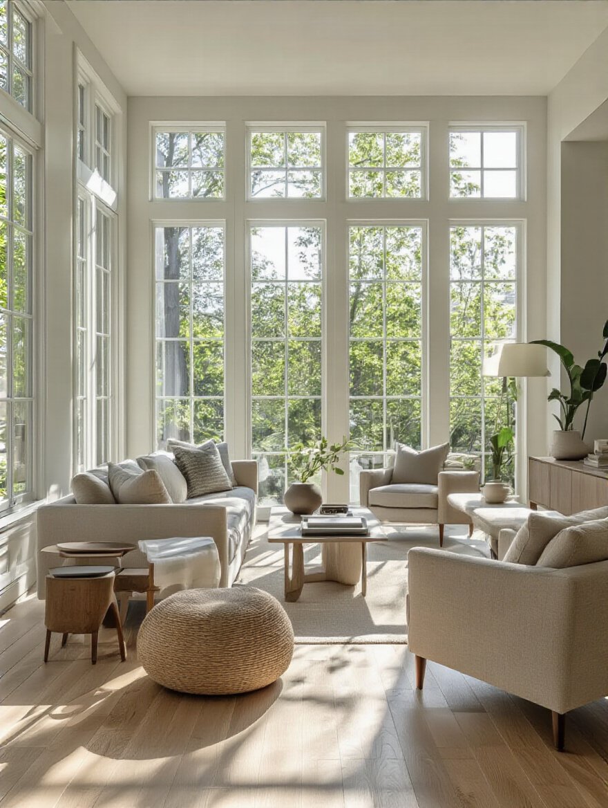 Modern living room showing clear natural traffic paths between furniture to promote flow and prevent obstruction