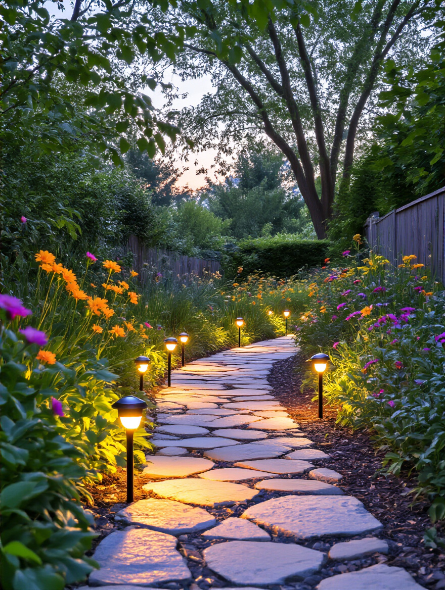 Backyard pathway illuminated at dusk by inexpensive solar stake lights creating a safe and welcoming walkway
