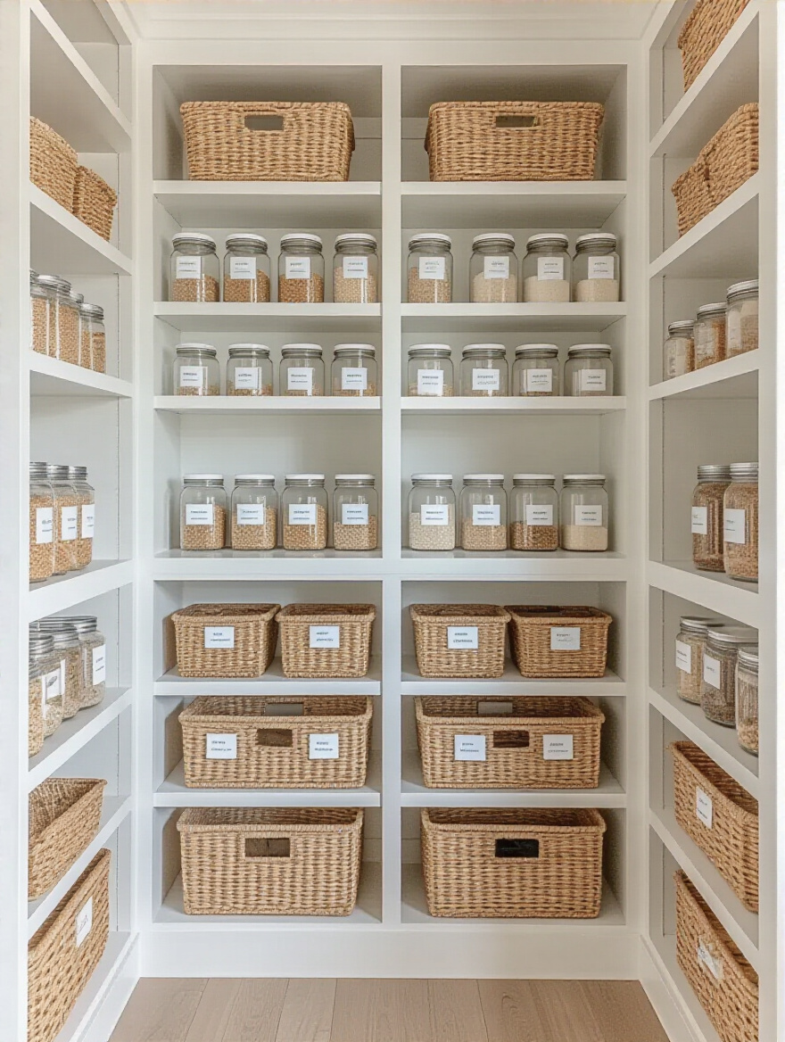 Organized pantry with uniform blank labels on jars and baskets demonstrating consistent labeling for easy item retrieval