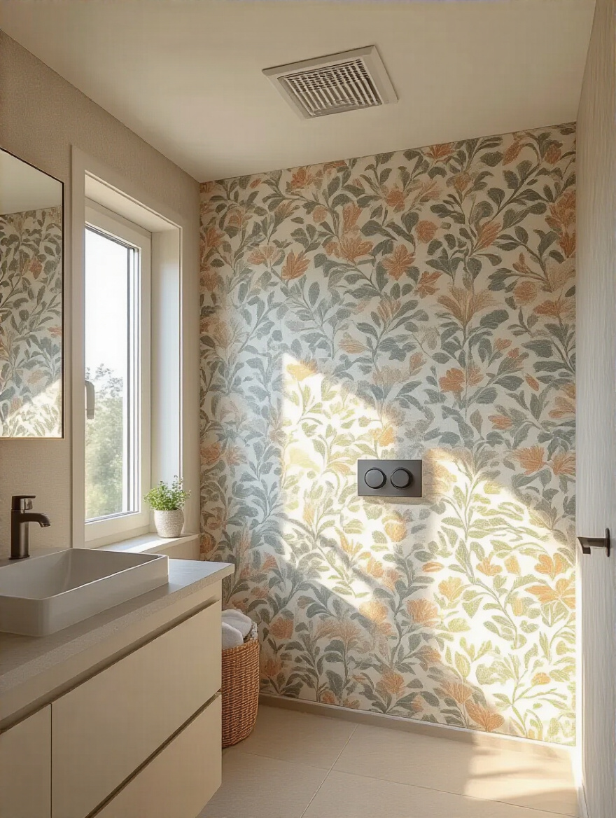 Modern bathroom wallpapered wall with exhaust fan and open window showing daily ventilation for moisture control