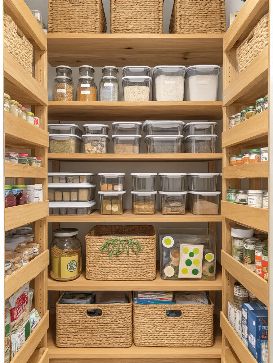 Organized pantry demonstrating a First-In-First-Out (FIFO) system with older items at the front and clear airtight containers