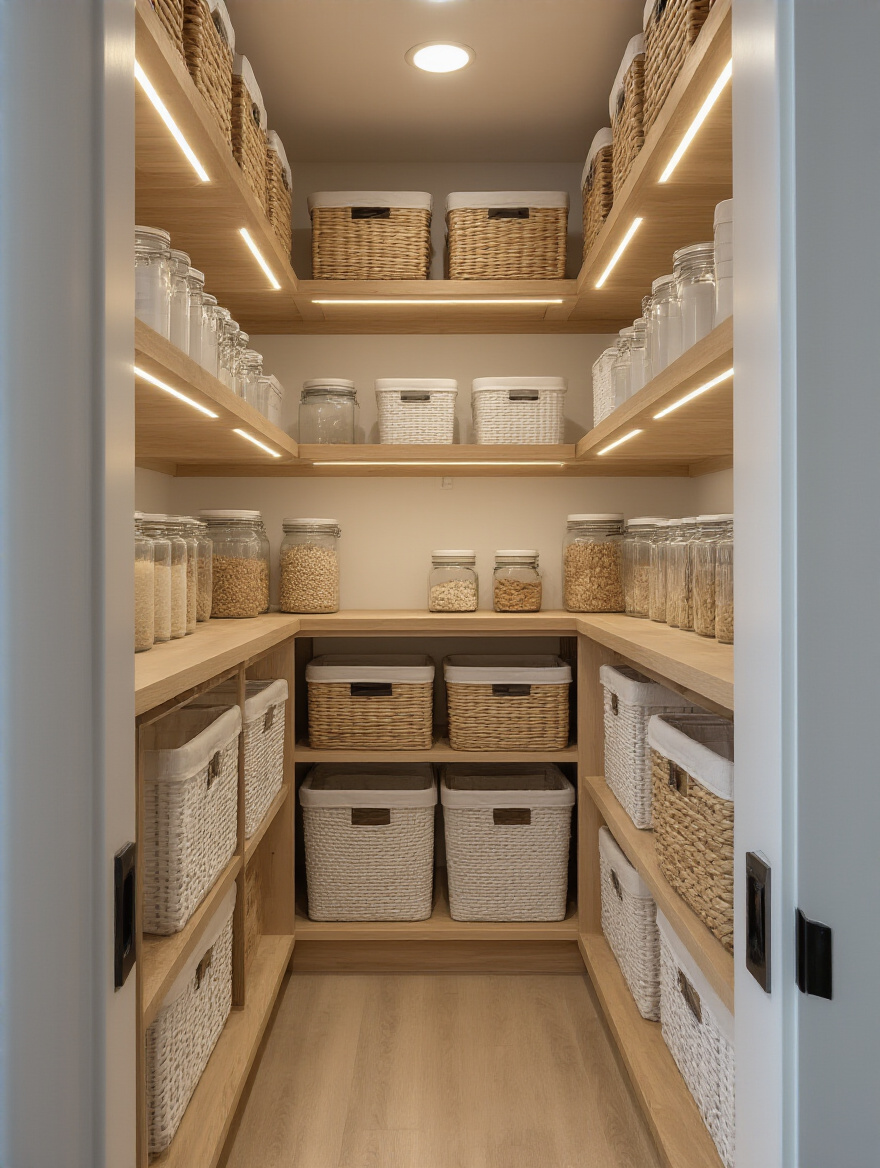 Well-lit organized walk-in pantry with under-shelf LED strips, puck lights in corners, and overhead fixture, no people.